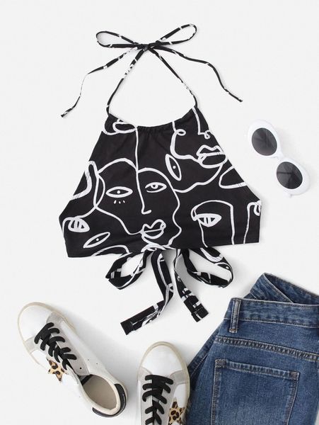 

figure graphic tied backless halter p5e9#, White