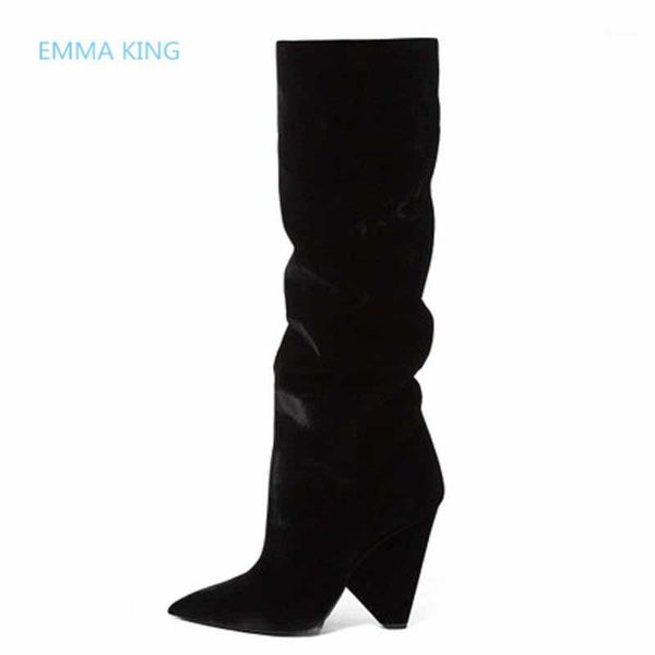 

new luxury black flock women long knight boots pointed toe spike heels designer party shoes woman winter fashion knee high boots1