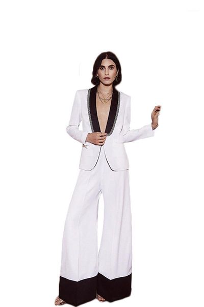 

women's two piece pants design elegant fashio solid white 2pieces woman suit streetwear notched collar catwalk 2021 party jacket pant f