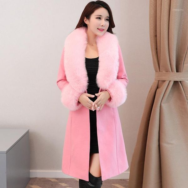 

fashion warm women long wool blend coat long solid cashmere jacket slim single breasted ladies coats1, Black