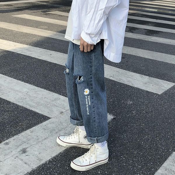 

summer little daisy hole jeans men's pants fashion brand loose straight capris wide leg, Blue