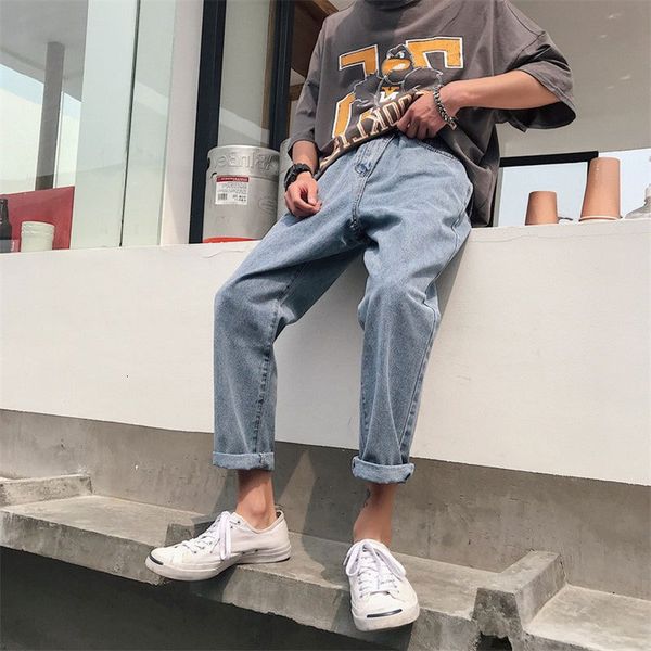 

men's straight baggy jeans korean style summer capris, Blue