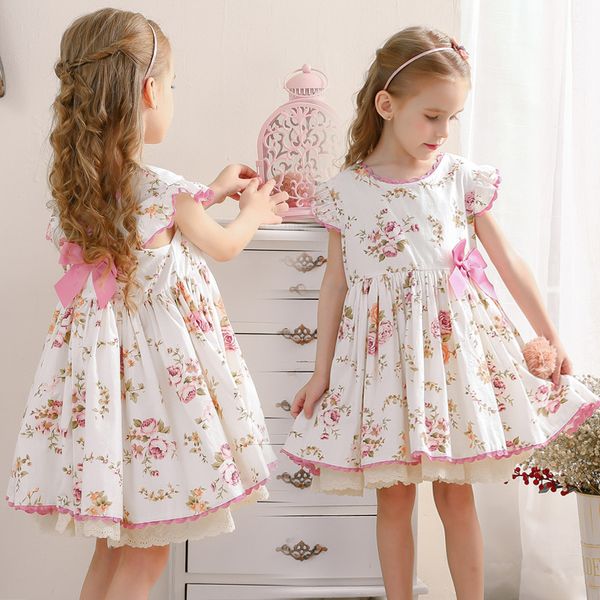 

spanish style children girls sweet dress floral lolita bow print classic retro ruffles party dress 100% cotton kids cute girl dresses, Red;yellow