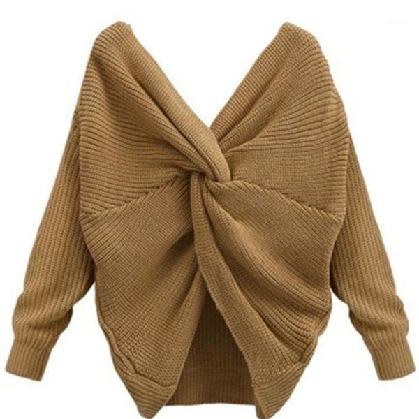 

fashion backless cross women sweaters spring autumn female knitted jumper casual v-neck solid basic vintage sweater1, White;black