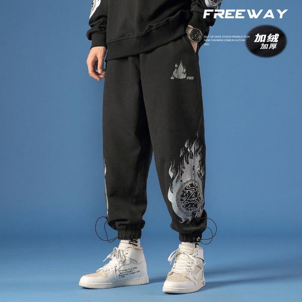 

men's pants neploha thicken warm autumn winter casual oversize streetwear trousers graphic printed hip hop male, Black