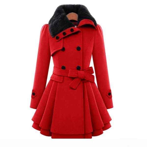 

elegant women's woolen coat woman winter autumn lace up slim skirts jacket single breasted robe outerwear warm manteau femme, Black