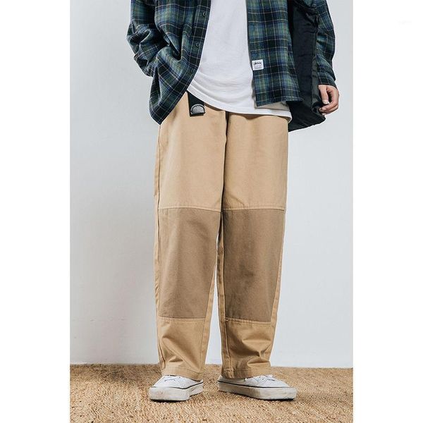 

korean cotton wide-leg pants men's fashion retro hit color casual pants men streetwear loose hip-hop straight cargo mens1, Black