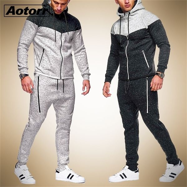 

antumn men's hoodie tracksuit sweatshirts male casual 2 piece sportsuit zipper coat pant sportswear men set brand clothing 201130, Gray