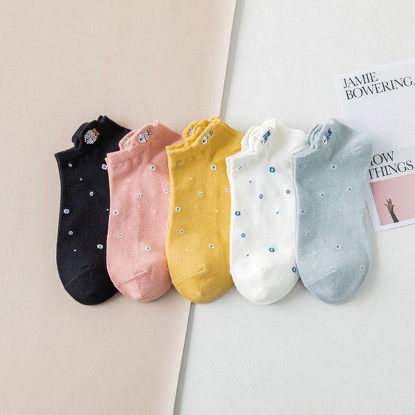 

5 pairs japanese style women girls summer low cut short boat socks cartoon fish embroidery floral printed cotton hosiery1, Black;white