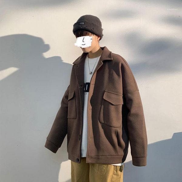 

korean style woolen coat men's fashion solid color casual short woolen coat men streetwear wild loose jacket mens m-2xl1, Black