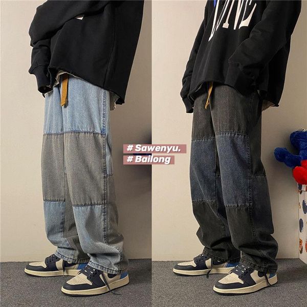 

korean wide-leg jeans men's fashion casual retro jeans men streetwear wild loose hip-hop straight denim trousers mens -2xl, Blue