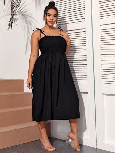 

plus tie shoulder shirred bodice cami dress 65ea#, Black