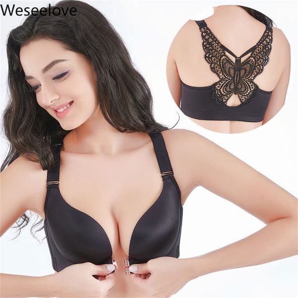 WEELOVE PLUS Размер Sexy Push Up бюстгальтер переднего закрытия Бабочка Brassiere Backless Braleette Груди бесшовные бюстгальтеры для женщин D E 120 LJ200821