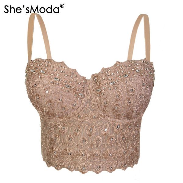 

she'smoda nude mesh lace bead bustier pearls diamond push up night club bralette women's bra cropped vest corset plus size y200701, White