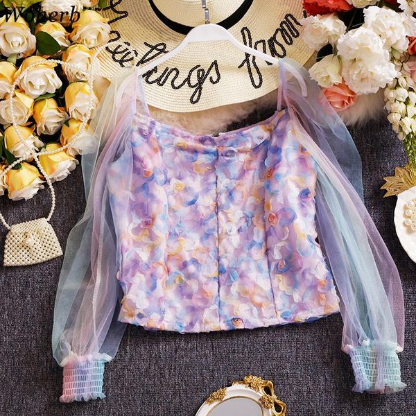 

woherb elegant women long sleeve chiffon shirt mesh harajuku colorful blouse chic korean fashion blusas 2021 new modis, White
