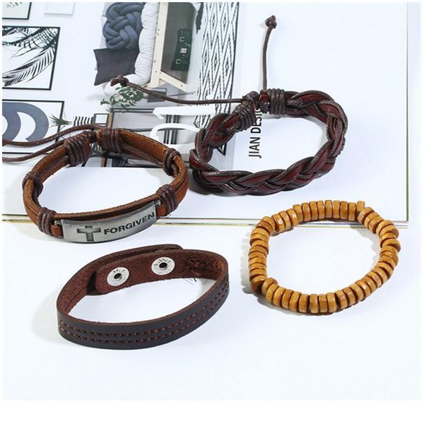 

new fashion vintage 4pcs/sets charm wooden beads leather men bracelets for women femme homme male qylhka