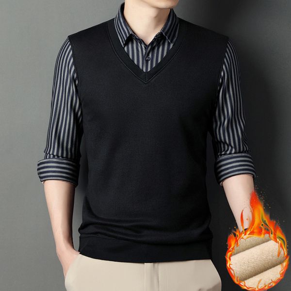 

Fake two Plush sweater long sve men's winter coat striped middle-aged warm bottomed shirt fashion, White;black