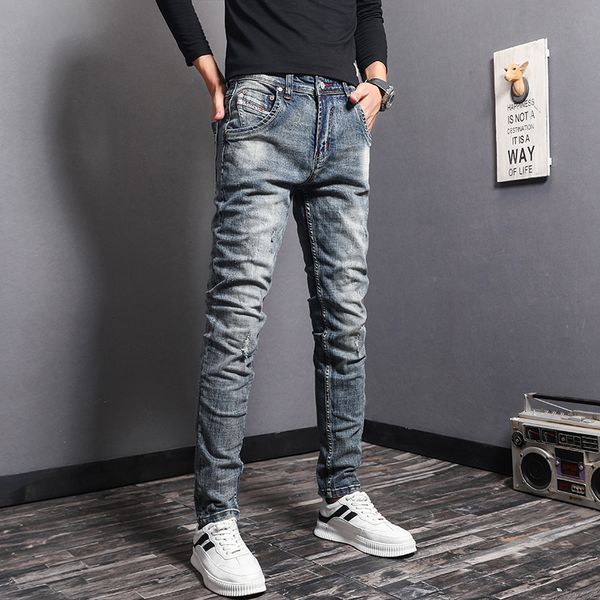 

2021 new italian style fashion men jeans slim fit elastic casual cotton denim ripped trousers vintage designer retro pencil pants hombre wvj, Blue