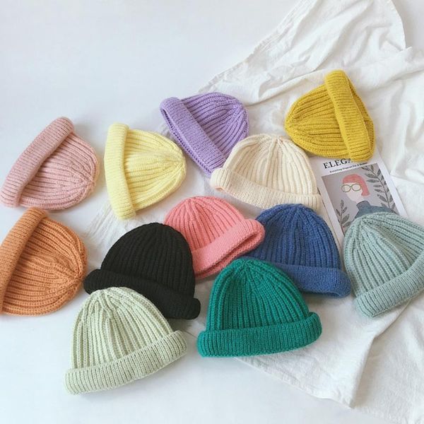 

beanies toddler kids baby winter crochet knit beanie hat macaron candy color windproof cuffed short melon skull cap ear warmer