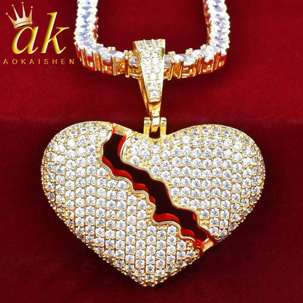 

broken heart street pandent necklace for women red color oil cubic iced zircon hip hop rock jewelry q1209, Bronze;silver