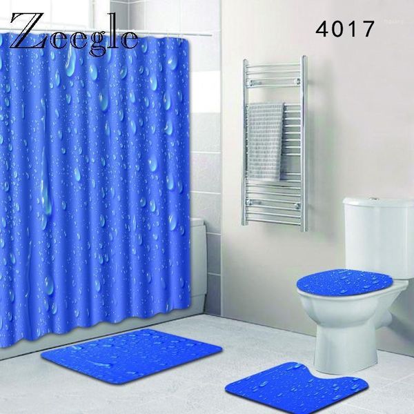 

printed water drop bath mat and shower curtain set flannel toilet seat cover anti slip absorbent foot rug bathroom carpet set1