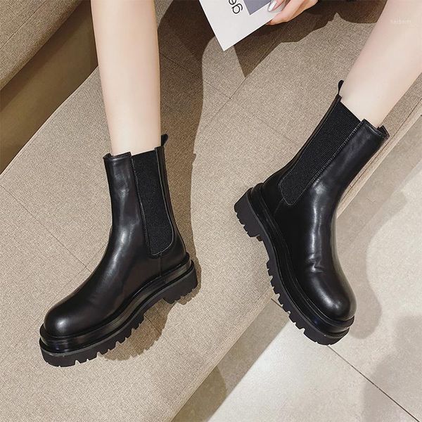

boots ankle women fashion short platform shoes ladies comfortable slip-on thick bottom round toe autumn1, Black