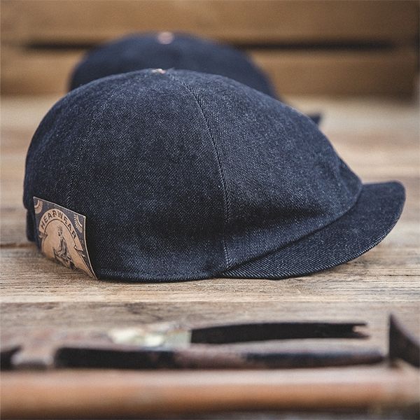 

maden oversized men's denim newsboy caps for men casual vintage flat cap vintage hat elastic back  retro beret hats 201216, Blue;gray