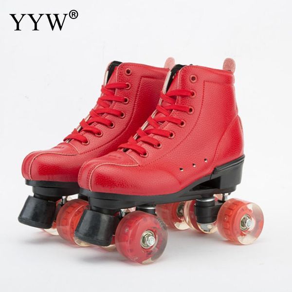 Patins de patins embutidos Linha dupla de couro artificial Homens adultos dois sapatos de skate Patines com Red PU 4 Wheels Patins1