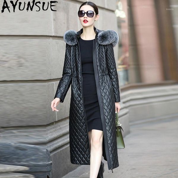 

ayunsue long genuine leather jacket women autumn winter sheepskin coat female fur collar quilted warm parka macaw kj7421, Black