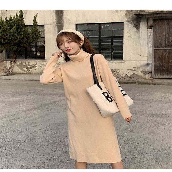 

womens knitted sweater dress autumn high neck tight a-line skirt sweater dress korean slim ladies knitted, Black;gray