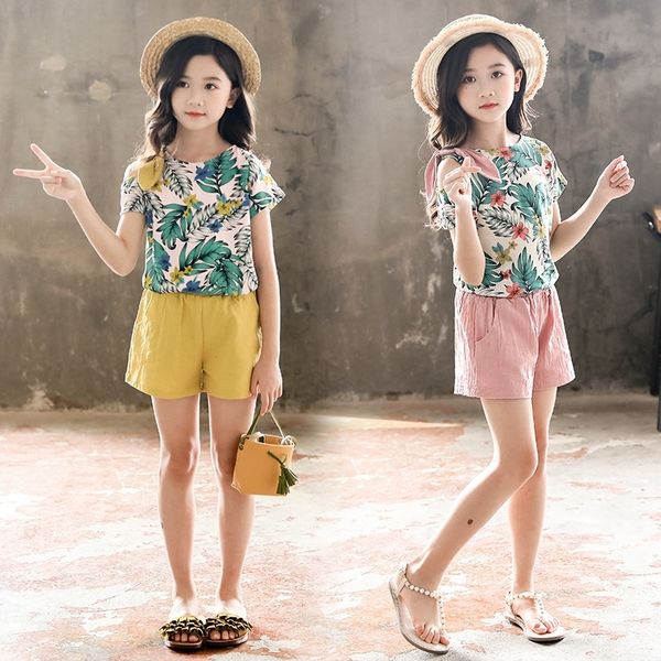 

summer new maple t-shirt and shorts kids girls clothes set baby girl 2pcs outfit children clothing set 3 to 10 11 12 113 14 year y200525, White