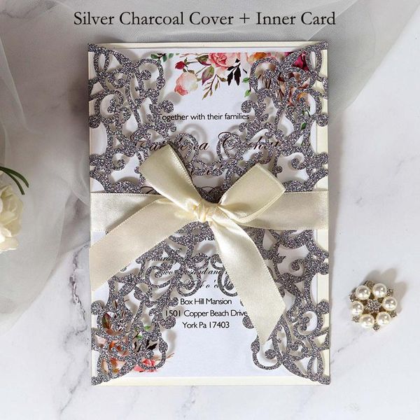 

1pcs gold blue silver glitter paper laser cut wedding invitation card with ribbon personalized wedding decor party supplies bbyahl
