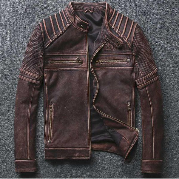 

men's leather & faux zvaqs vintage design mens motorcycle genuine jackets brown color cow coats slim pph8481, Black