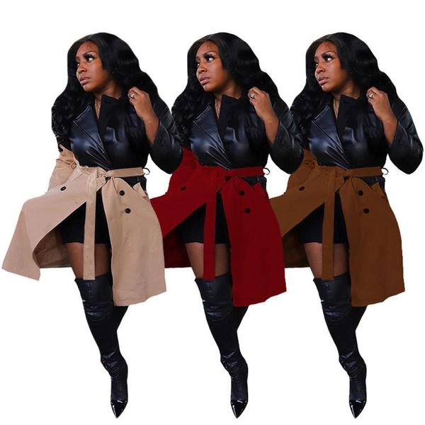 

2021 women pu patchwork jacket casual fashion buttons turn-down collar long sleeves party coat with sashes spring, Tan;black