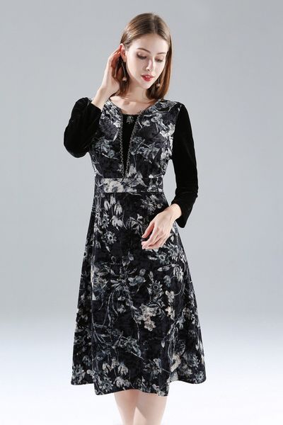

goddess dress mid-autumn collection waist dress european and american print dress middle-aged comfortable classic european and american styl, Black;gray