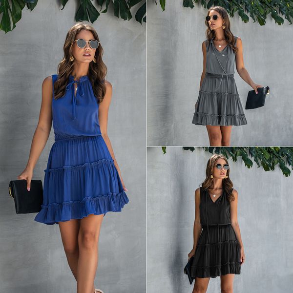 

новый pure color thied fungus pliated v-образным вырезом упругое талия женское платье, White;black