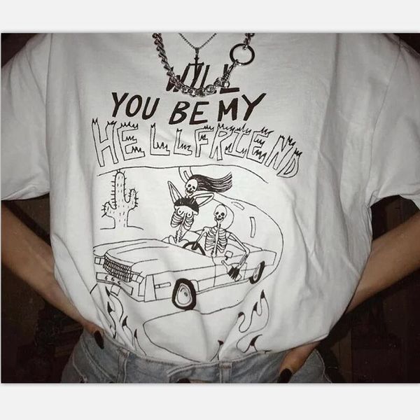 

will you be my hellfriend funny tees summer vintage skull tshirt cotton oversize street wear graphic tees women, White