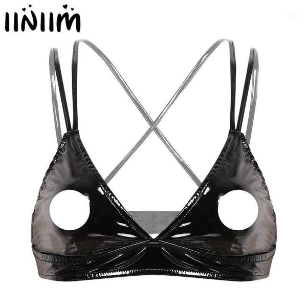 

iiniim womens lingerie fashion wetlook pu leather triangle open cups hole nipple sissy hollow out cross straps bralette bra, Red;black