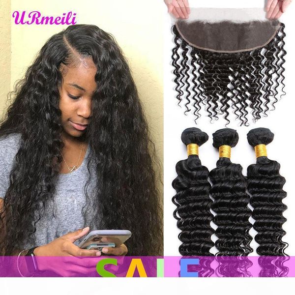

peruvian deep wave human hair bundles with frontal peruvian lace frontal closure with bundle 8a remy human hair bundles with frontal, Black;brown