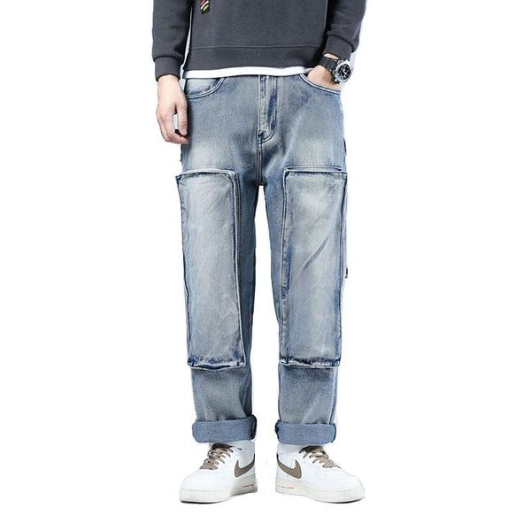 

men's jeans kiovno baggy casual pants hip hop skateboard denim trousers for male size 30-46 multi pockets, Blue