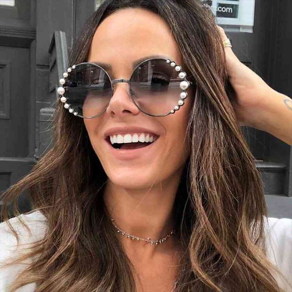 

oversized round sunglasses women pearl brand designer glasses ladies elegant clear lens pink shades for women eyewear, White;black
