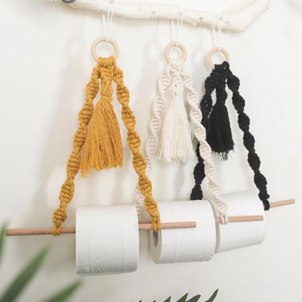 

tassel paper towel holder home furnishing wooden cotton rope rack multicolor toilet paper roller bathroom home organization hot