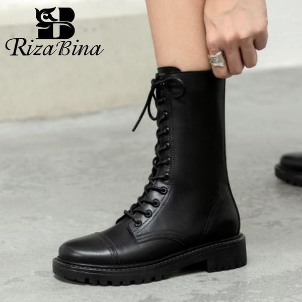 

boots rizabina real leather women mid calf cross strap zipper shoes round toe winter warm party footwear size 35-391, Black