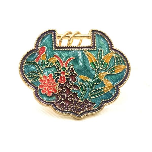 

pins, brooches traditional chinese stylish green enamel propitious clouds back orange flower long life lock broach pin cheongsam qipao jewel, Gray