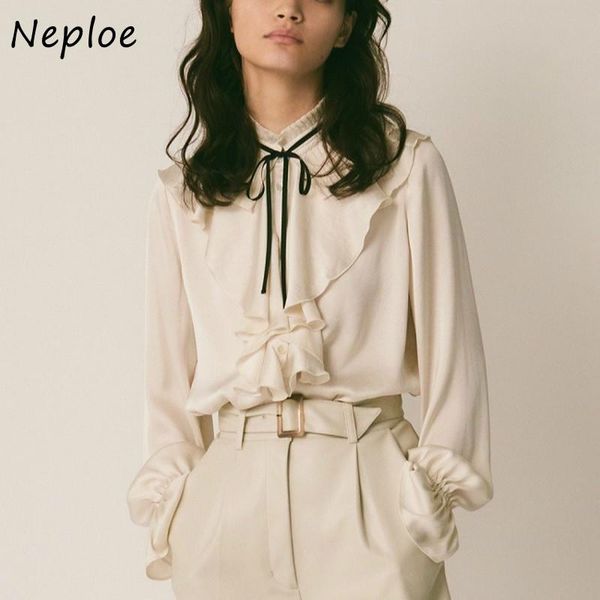 

women's blouses & shirts neploe spring flare sleeve drawstring blusas 2021 detachable collar women blouse elegant chic ruffles pleated, White