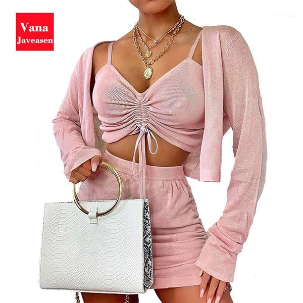 

two piece dress 3pcs women clothes set pink long-sleeved sunscreen coats sling drawstring croped high waist shorts summer1, White