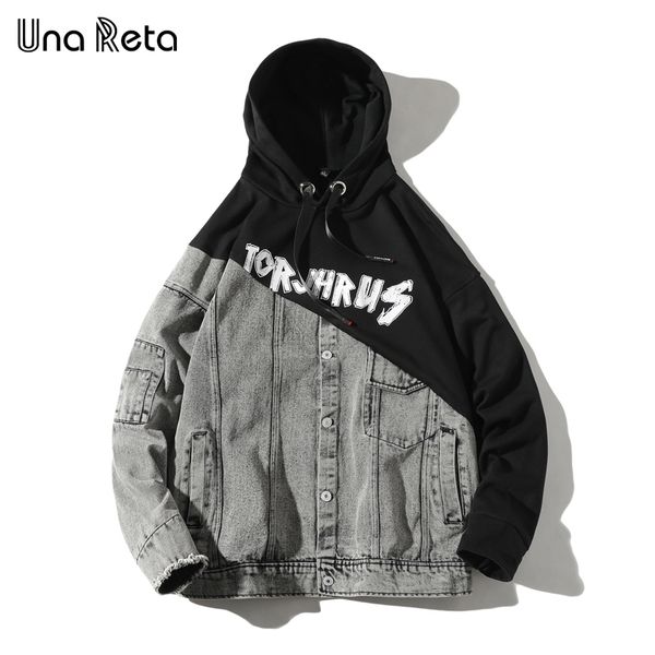 

una reta streetwear sweatshirt new hip hop patchwork denim hoodie men tracksuit harajuku plus size print one piece hoodies 201020, Black