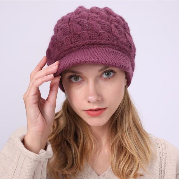

new women winter warm hat twist knitted velvet thick solid color classic beret flat brim visor ski super with visor, Blue;gray