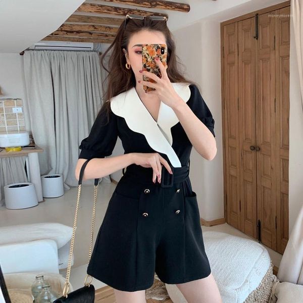 

2020 new summer women patchwork deep v-neck short jumpsuits female button overalls romper chiffon tunic playsuit t191, Black;white
