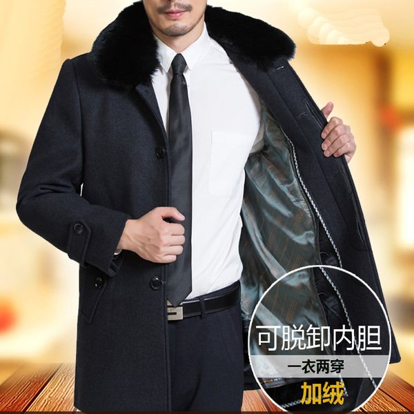 

can thick furnace be dismantled wool marks leather clothing of men winter jacket medium long wuj1095 lx73, Black